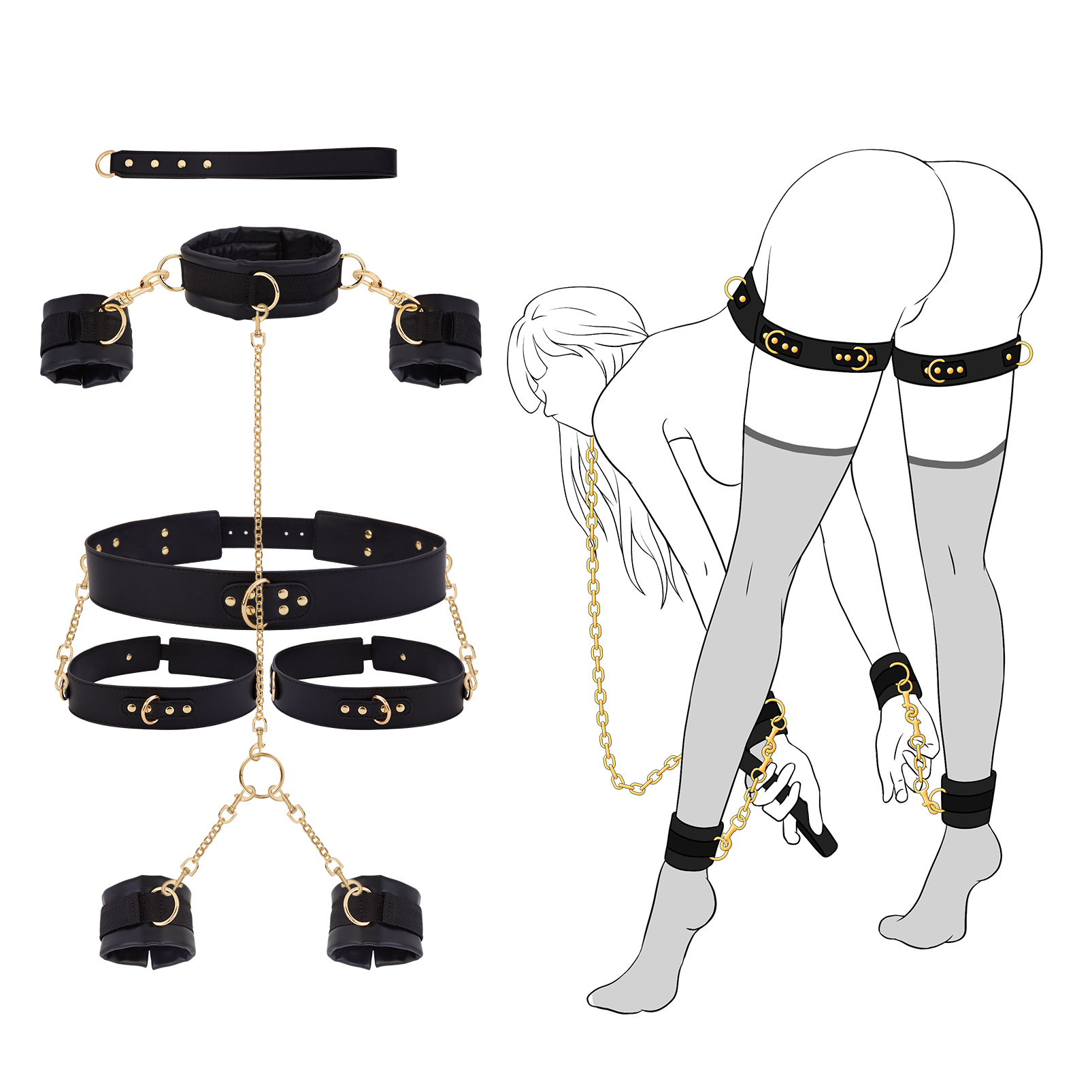 Sex Bondage BDSM Kit Restraints - UTIMI Adult Sex Toys for Couples Neck to Wrist SM Gear & Accessories Game 7PCS Sets with Adjustable Handcuffs Ankle Thigh Cuff Cross Waist Strap Traction Chain Collar