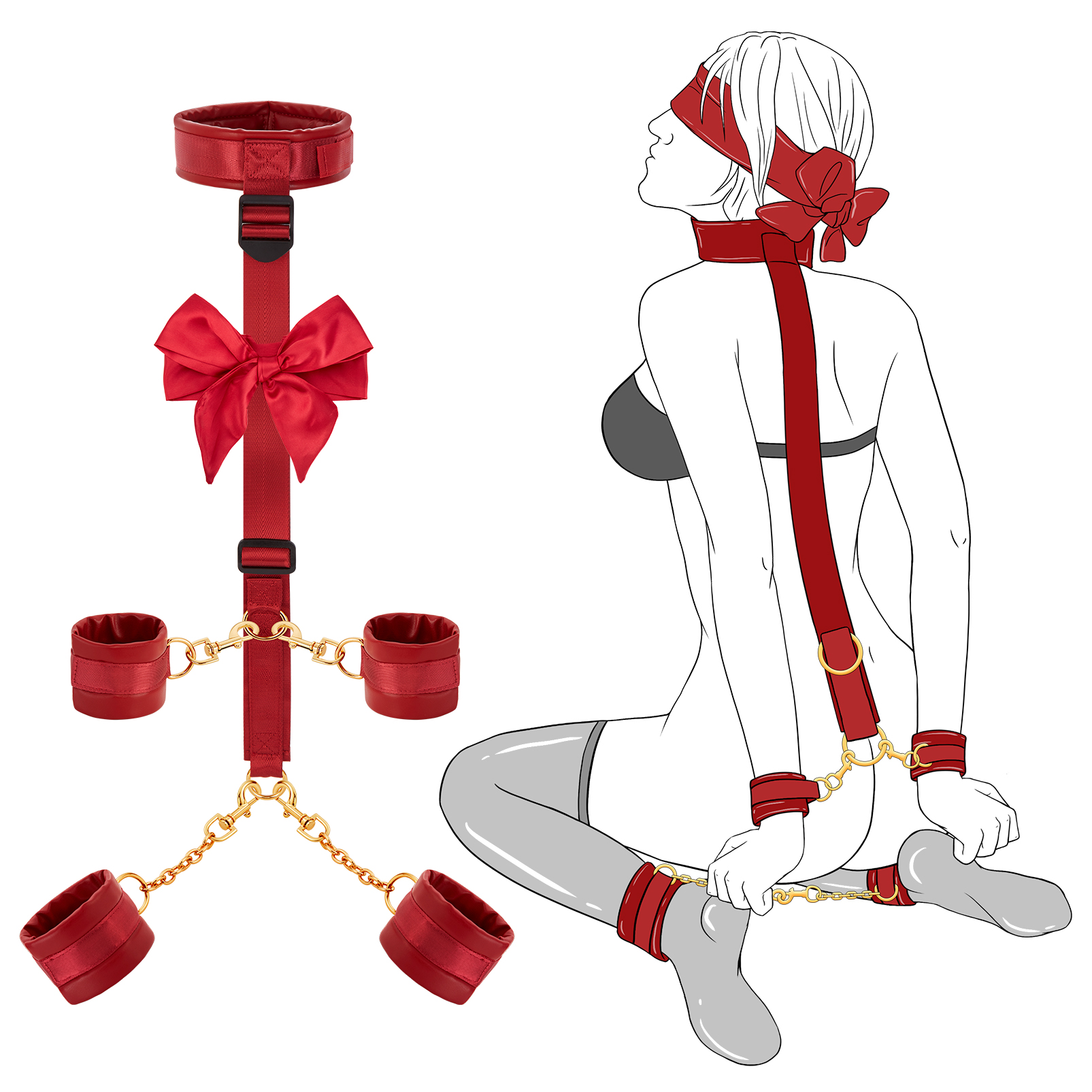 Sex Bondage BDSM Restraints Kit - UTIMI Collar Wrist Behind Back Restraint Ankles Cuffs with Blindfold and Adjustable Straps Handcuffs Sex Adult PU Leather Set BSDM Toys Couples Red